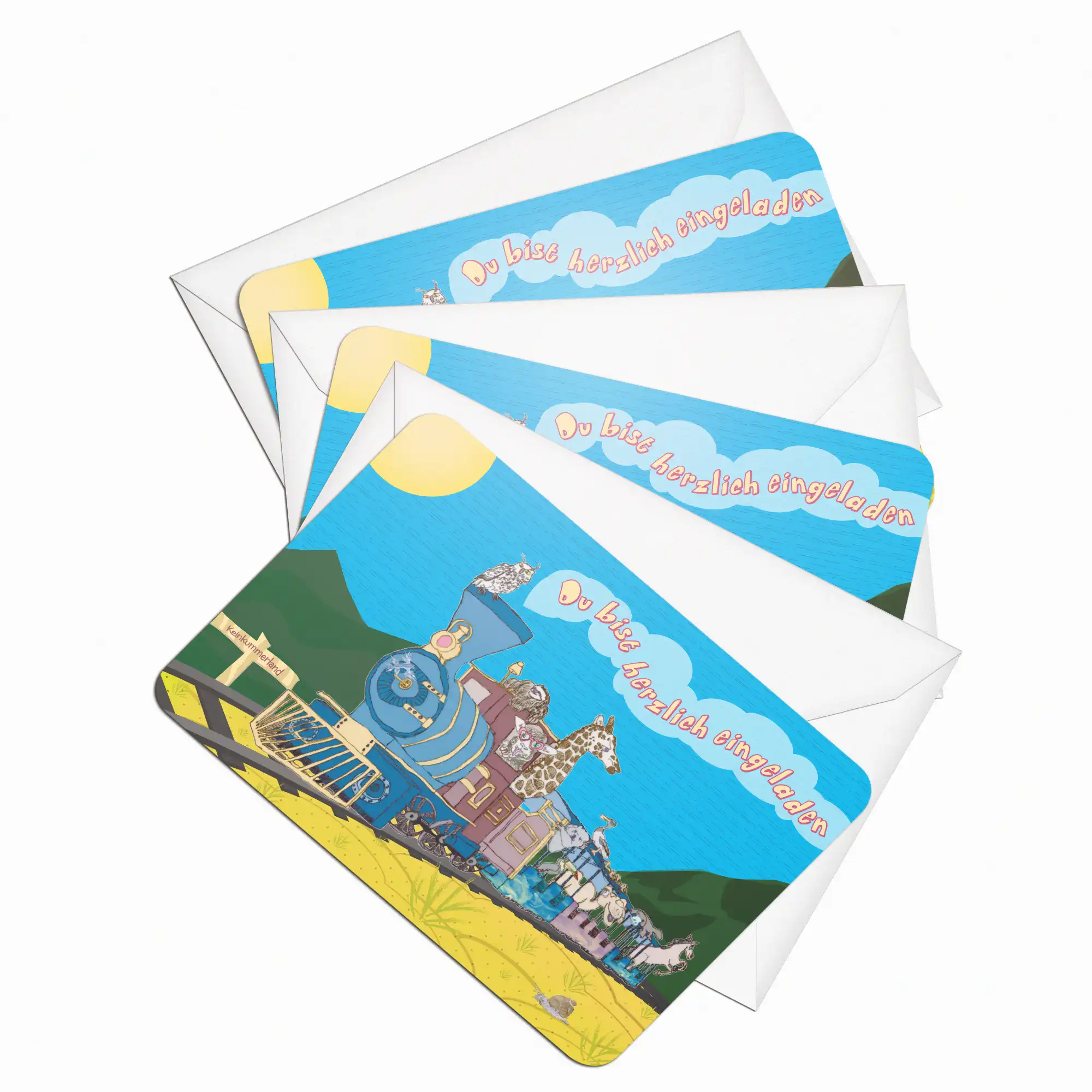 Einladungskarten_Kindergeburtstag_Einladungen_Geburtstag_Junge_Mädchen_Einladungskarte_Kinder_Erwachsene_Teenager_Zug_gezeichnet_faecher_Umschlag