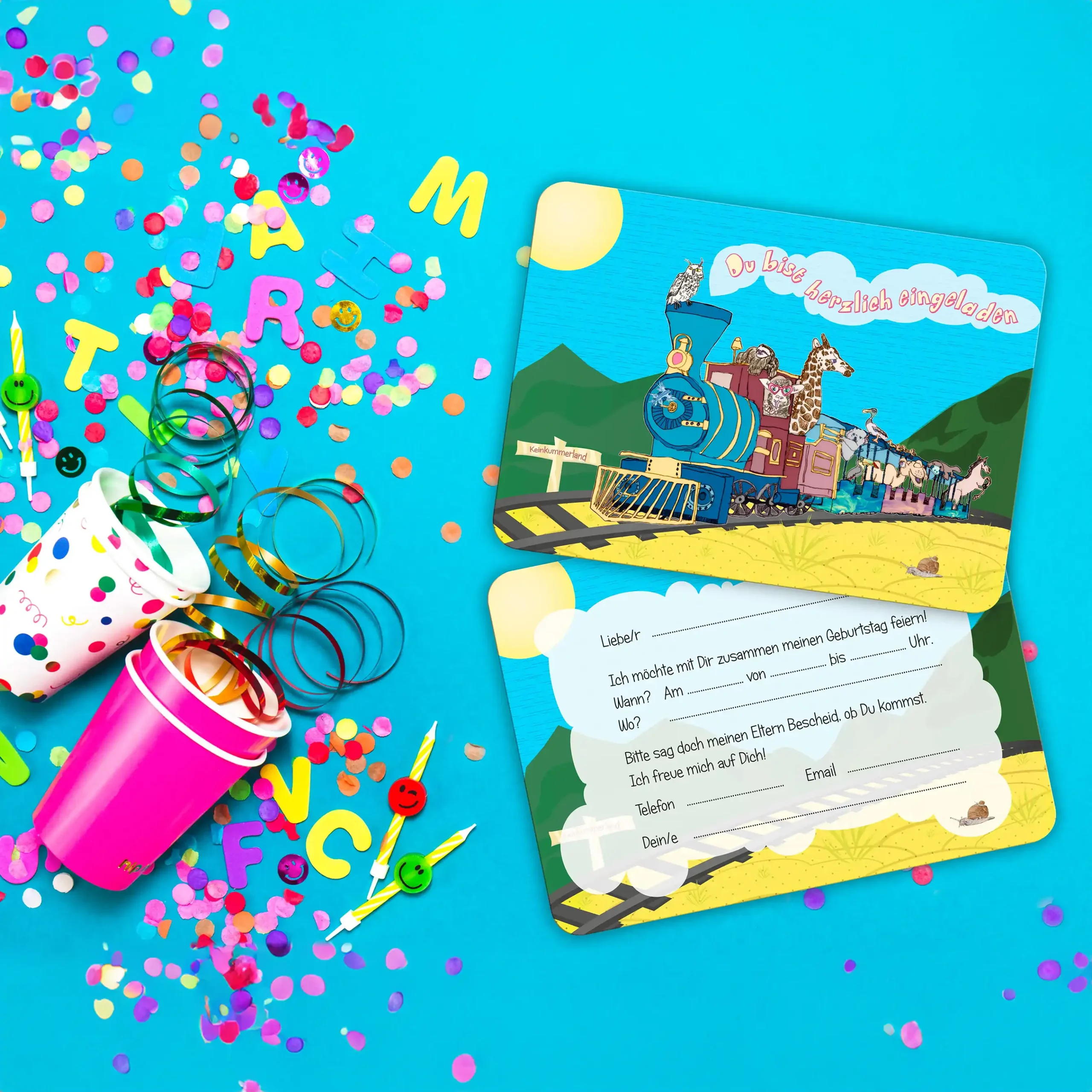 Emotionsbild_Einladungskarten_Kindergeburtstag_Einladungen_Geburtstag_Junge_Mädchen_Einladungskarte_Kinder_Erwachsene_Teenager_Zug_gezeichnet